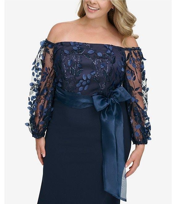 Eliza J Plus Size Long Sleeve Off-the-Shoulder Bow Waist Embroidered Lace Gown Product Image