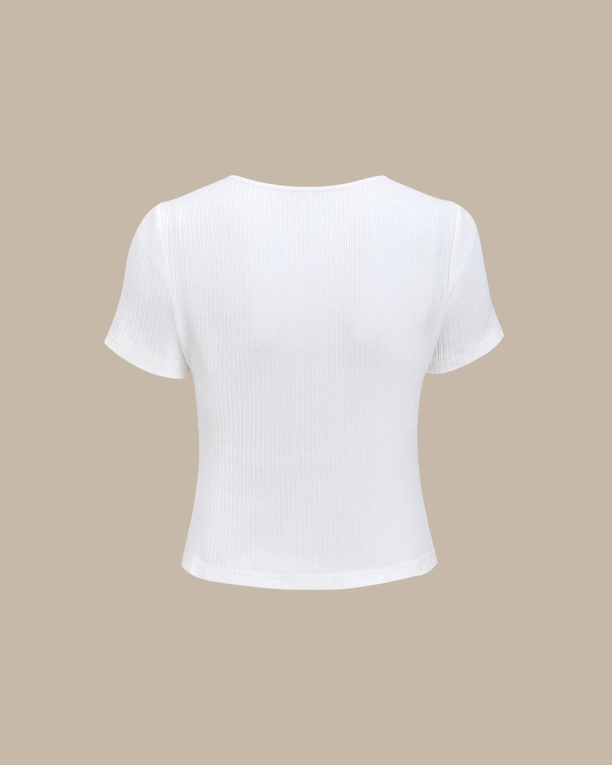 White Square Neck Ribbed Knit Tee Product Image