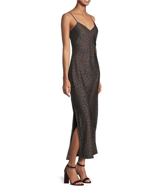 Gianni Bini Haven Satin Leopard Print V-Neck Sleeveless Full Length Slip Dress Product Image