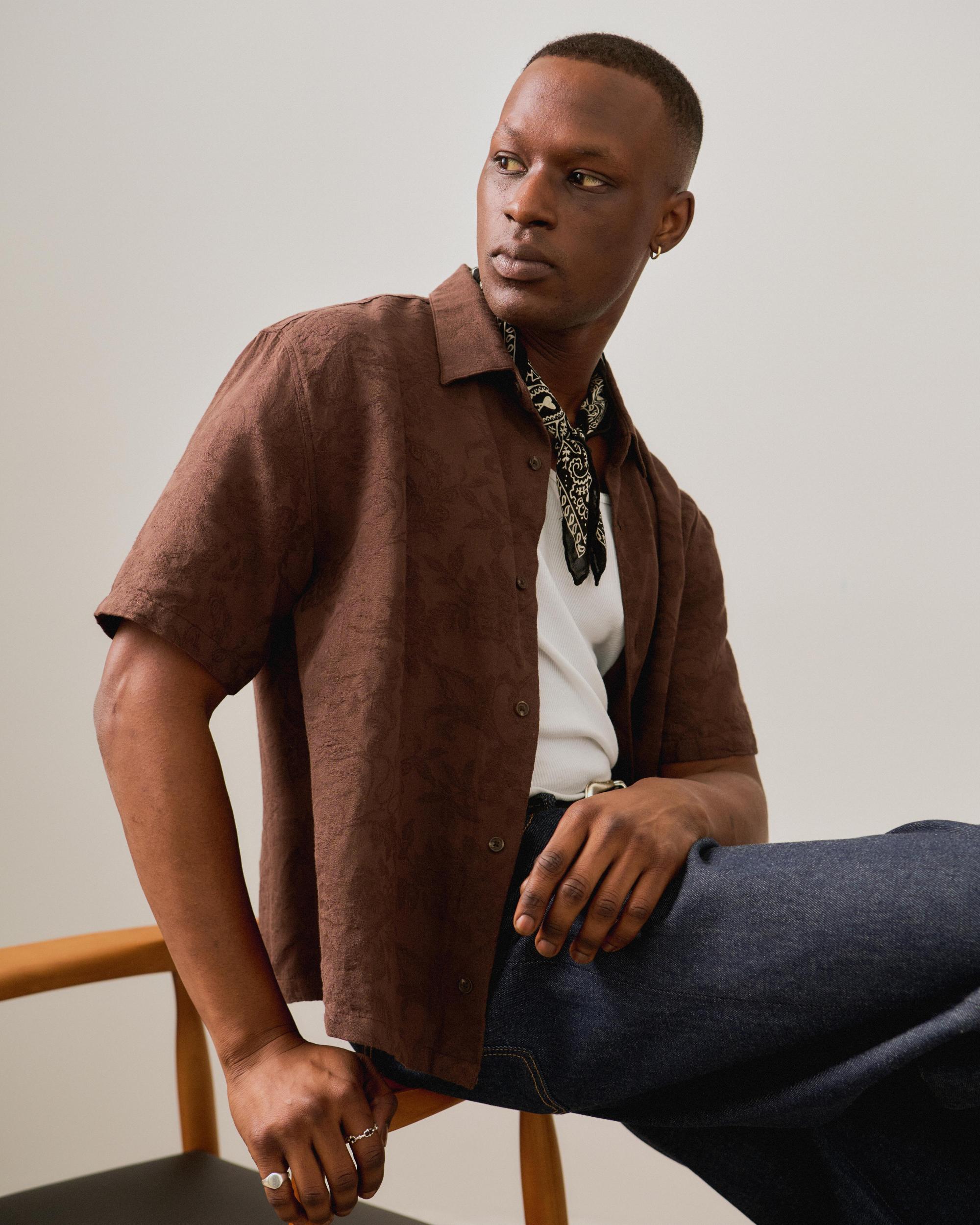 Short-Sleeve Cropped Jacquard Button-Up Shirt Product Image