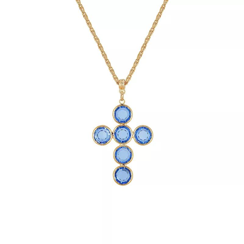1928 Gold Tone Round Crystal Cross Pendant Necklace, Women's, Blue Product Image
