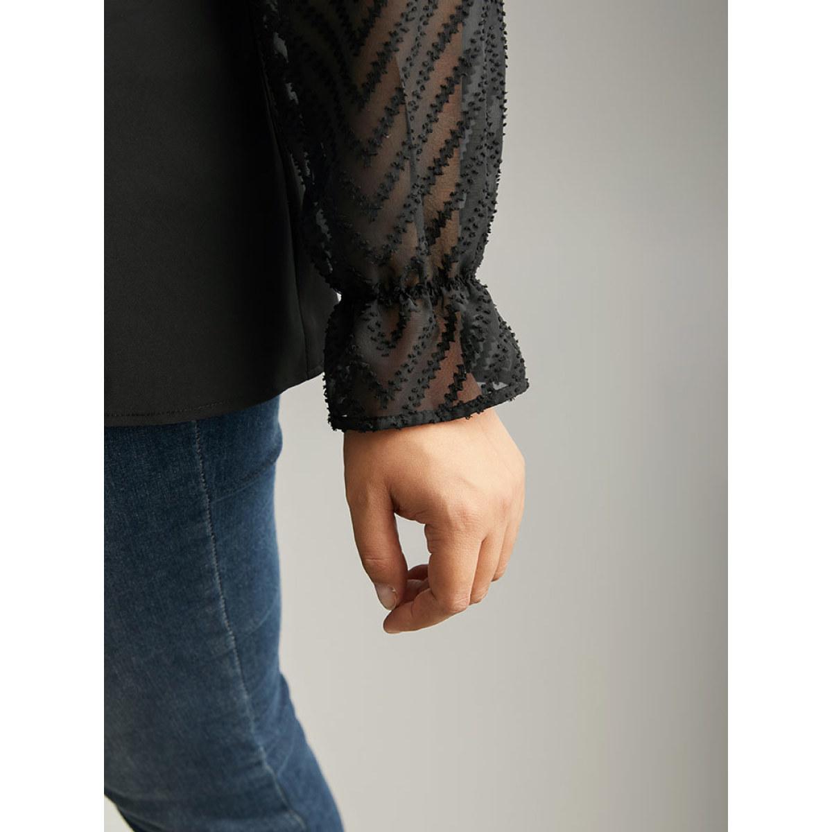 Plus Size Black Patchwork Mesh Texture Cowl Neck Blouse Women Office Long Sleeve Cowl Neck Work Blouses BloomChic 12/L Product Image