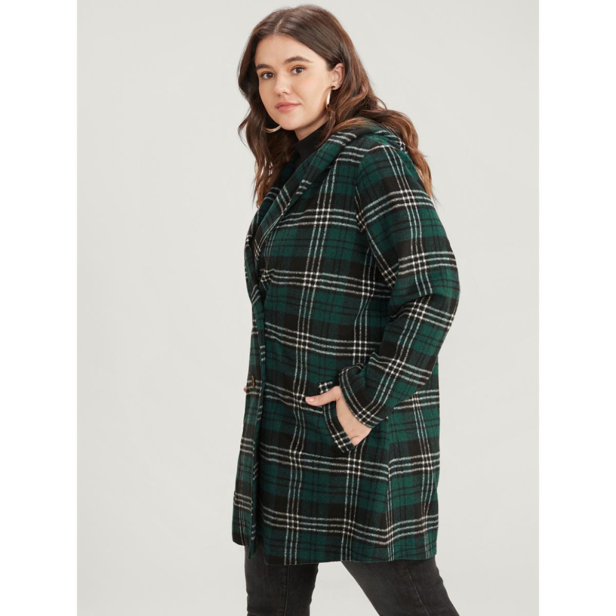 Plus Size Plaid Double Breasted Pocket Hooded Coat Women DarkGreen Casual Pocket Ladies Dailywear Winter Coats BloomChic 12/L Product Image