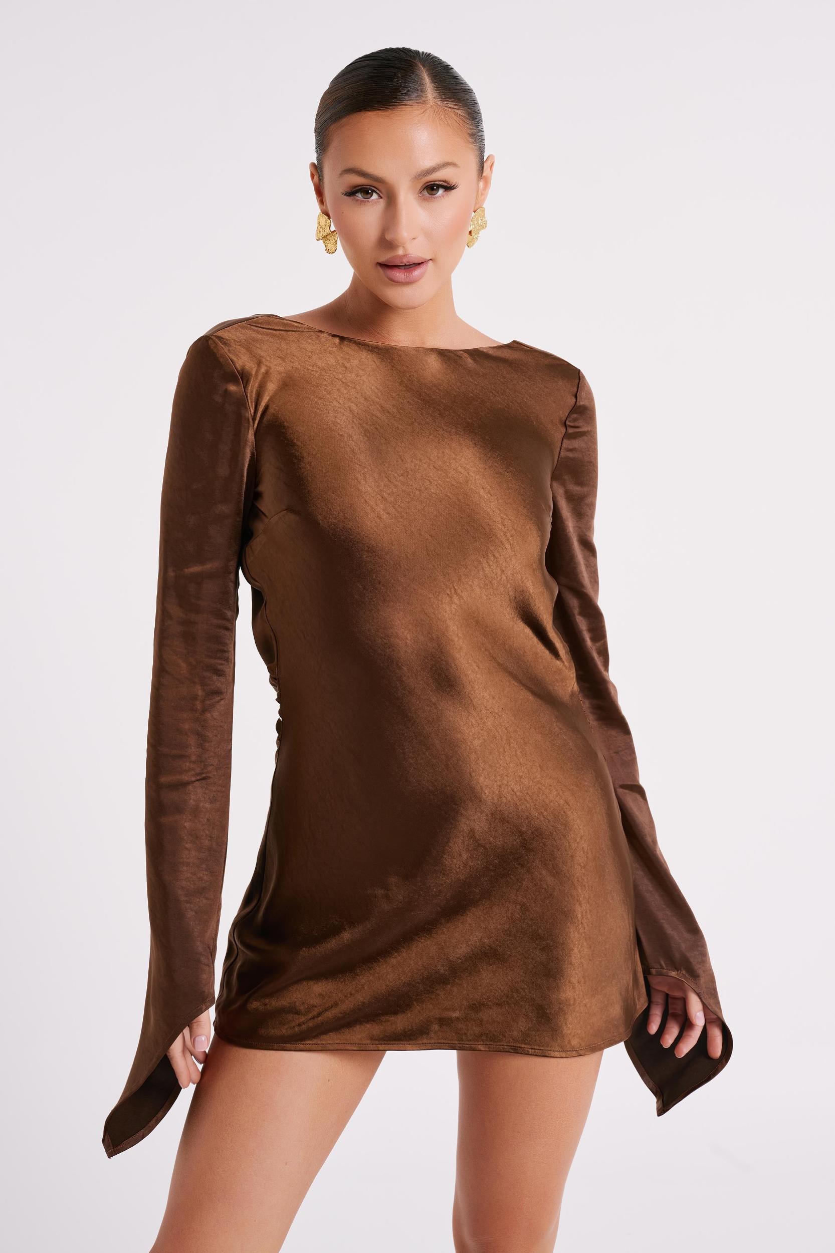 Davina Satin Long Sleeve Mini Dress - Dark Brown Product Image