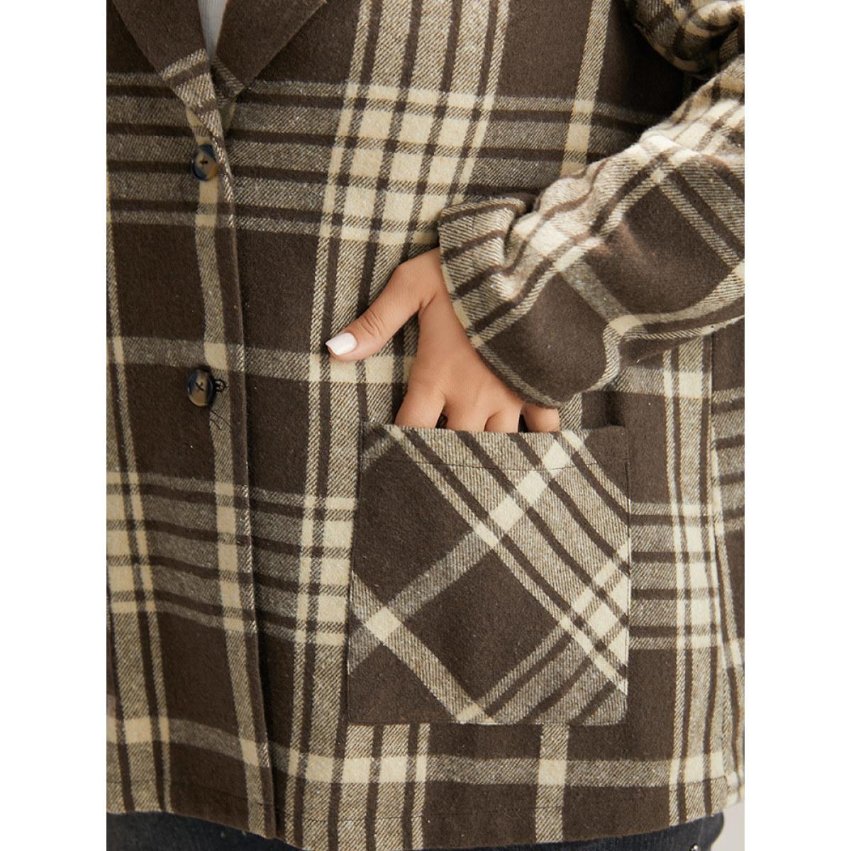 Plus Size Plaid Patched Pocket Button Through Coat Women DarkBrown Casual Contrast Ladies Dailywear Winter Coats BloomChic 28/5X Product Image