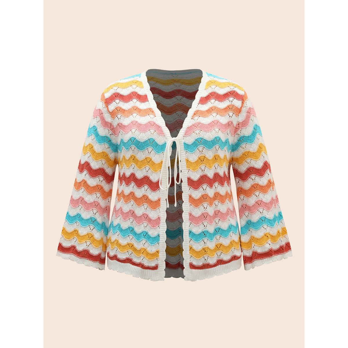 Plus Size Cotton Rainbow Perforated Front Tie Cardigan Multicolor Women Casual Loose Long Sleeve Everyday Cardigans BloomChic 26/4X Product Image