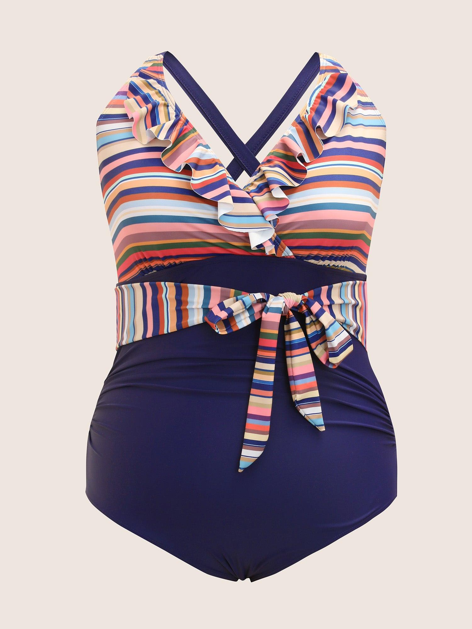 Contrast Striped Ruffle Trim Ties One Piece Swimsuit Female Product Image