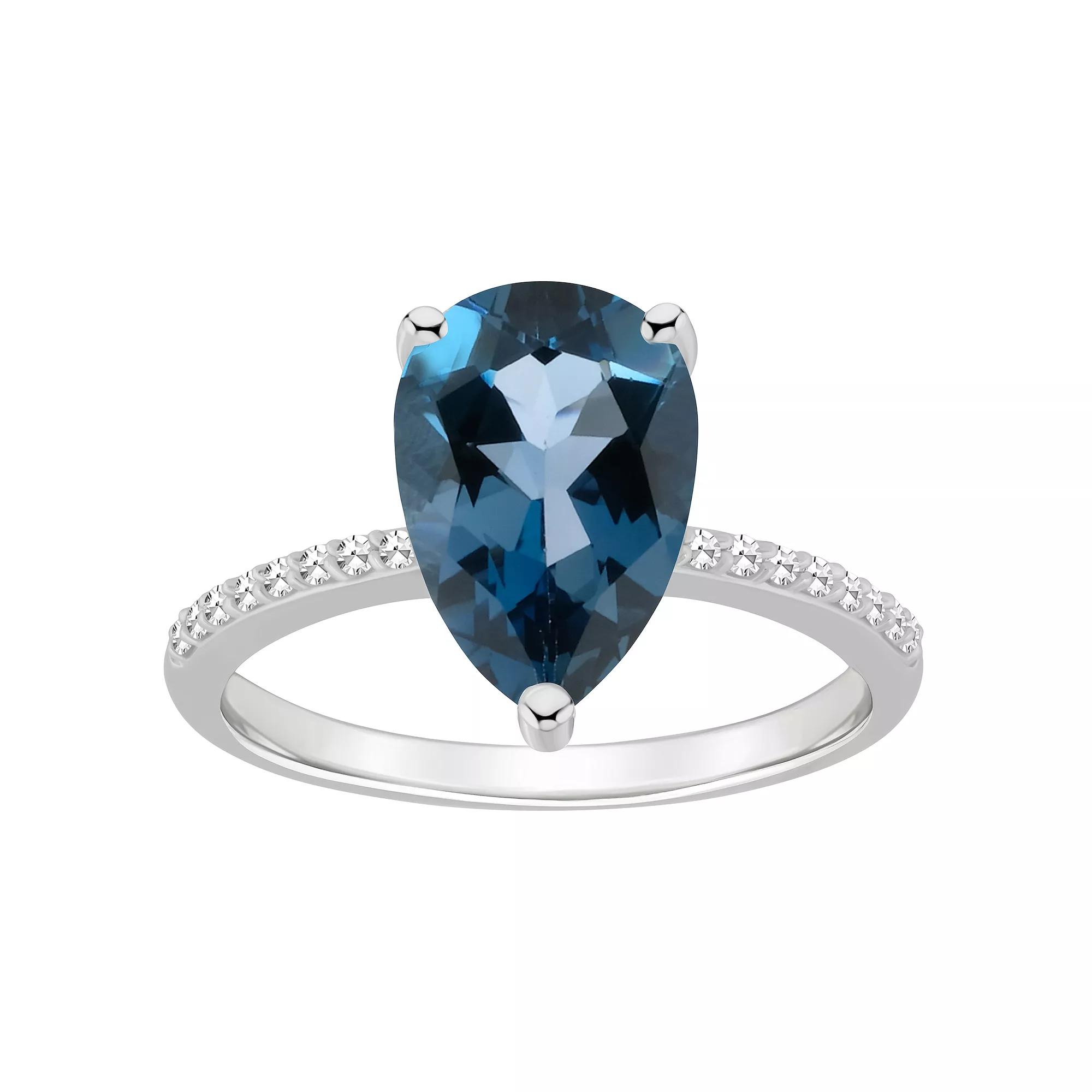 Alyson Layne Sterling Silver 10 mm x 8 mm Pear Shape Gemstone & 1/10 Carat T.W. Diamond Ring, Women's, Size: 5, London Blue Topaz Product Image