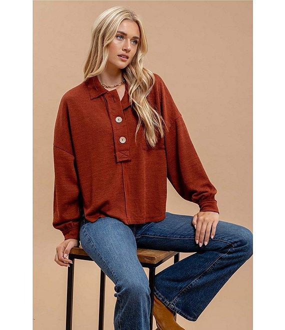 Blu Pepper Long Sleeve Collared Raw Edge Knit Top Product Image