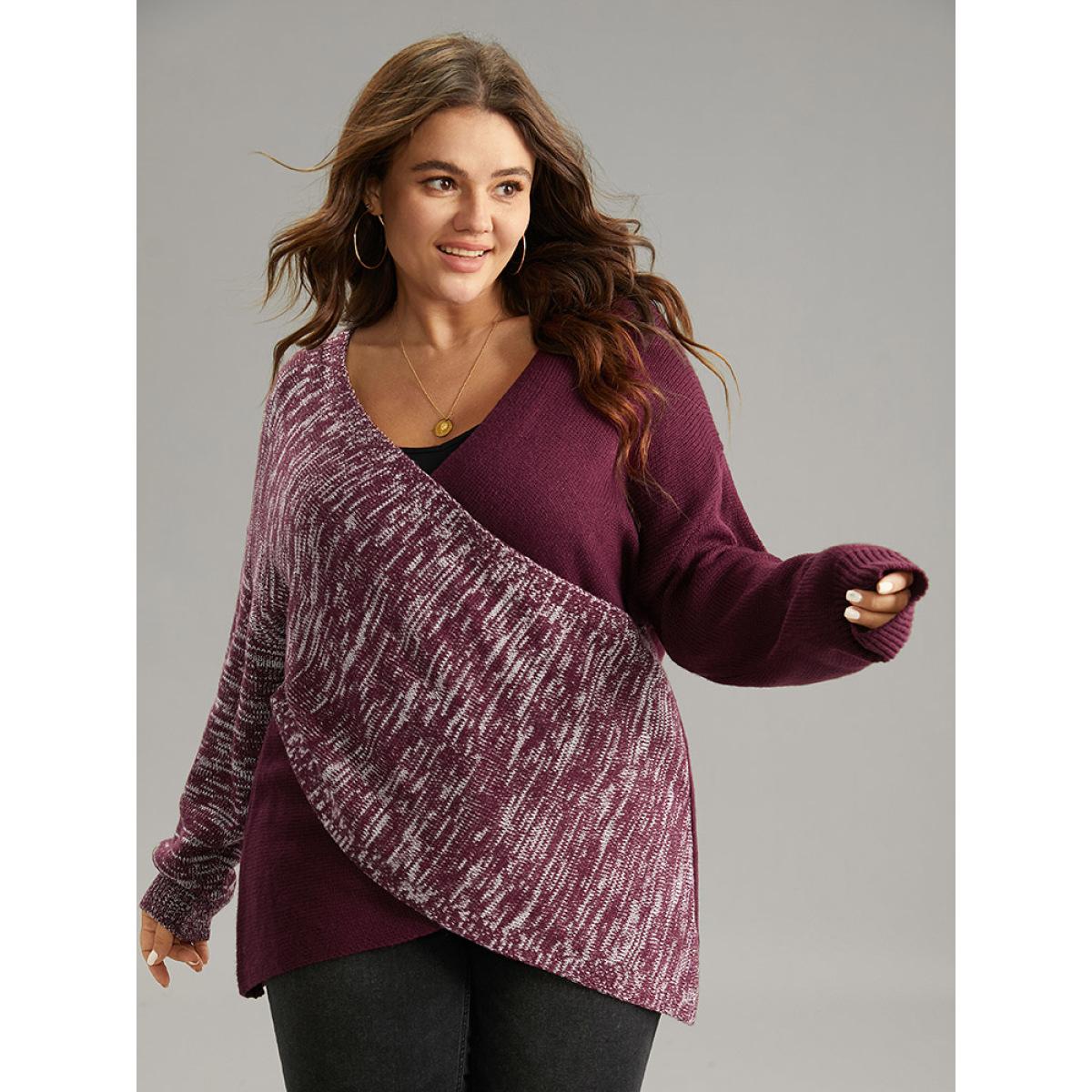 Plus Size Heather Contrast Crossover Patchwork Pullover Burgundy Women Casual Loose Long Sleeve V-neck Dailywear Pullovers BloomChic 14-16/1X Product Image