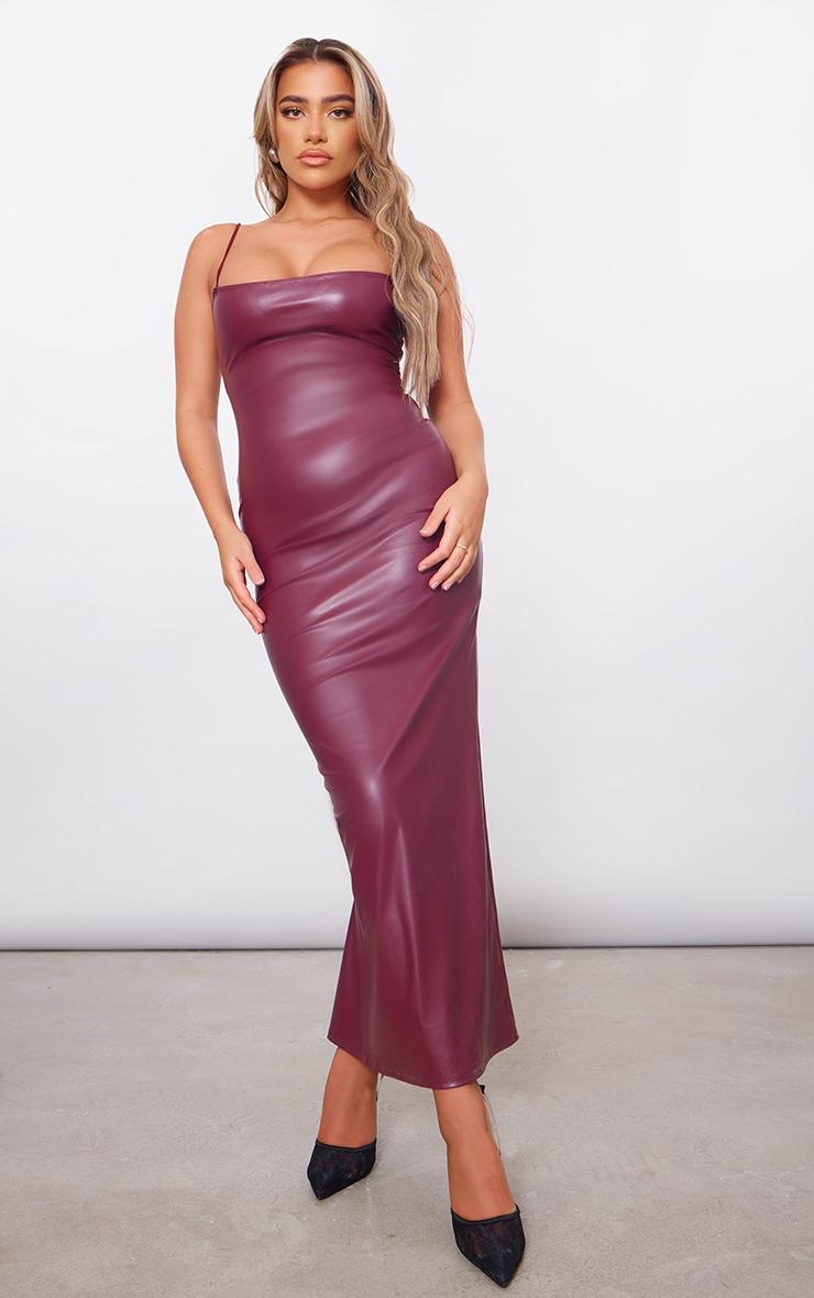 Cherry Red Faux Leather Spaghetti Strap Midi Dress Product Image