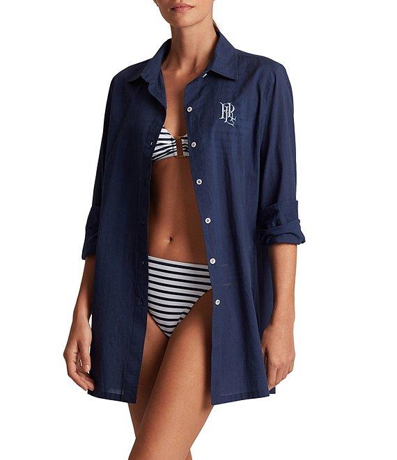 Lauren Ralph Lauren Beachwear Organic Cotton Voile Logo Embroidered Button Front Shirt Swim Cover-Up Product Image