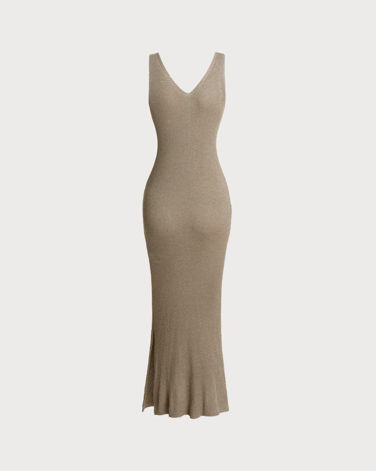 Khaki V Neck Sleeveless Bodycon Sweater Dress Product Image