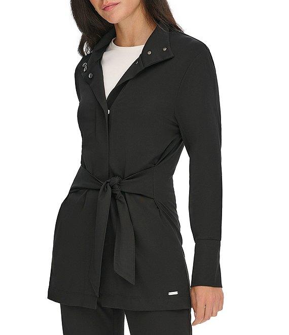 Calvin Klein Solid Point Collar Long Sleeves Tie Belt Snap Front Jacket Product Image