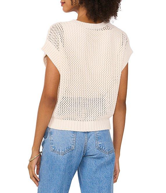 Vince Camuto Sweater Pointelle Crew Neck Short Sleeve Vest Product Image