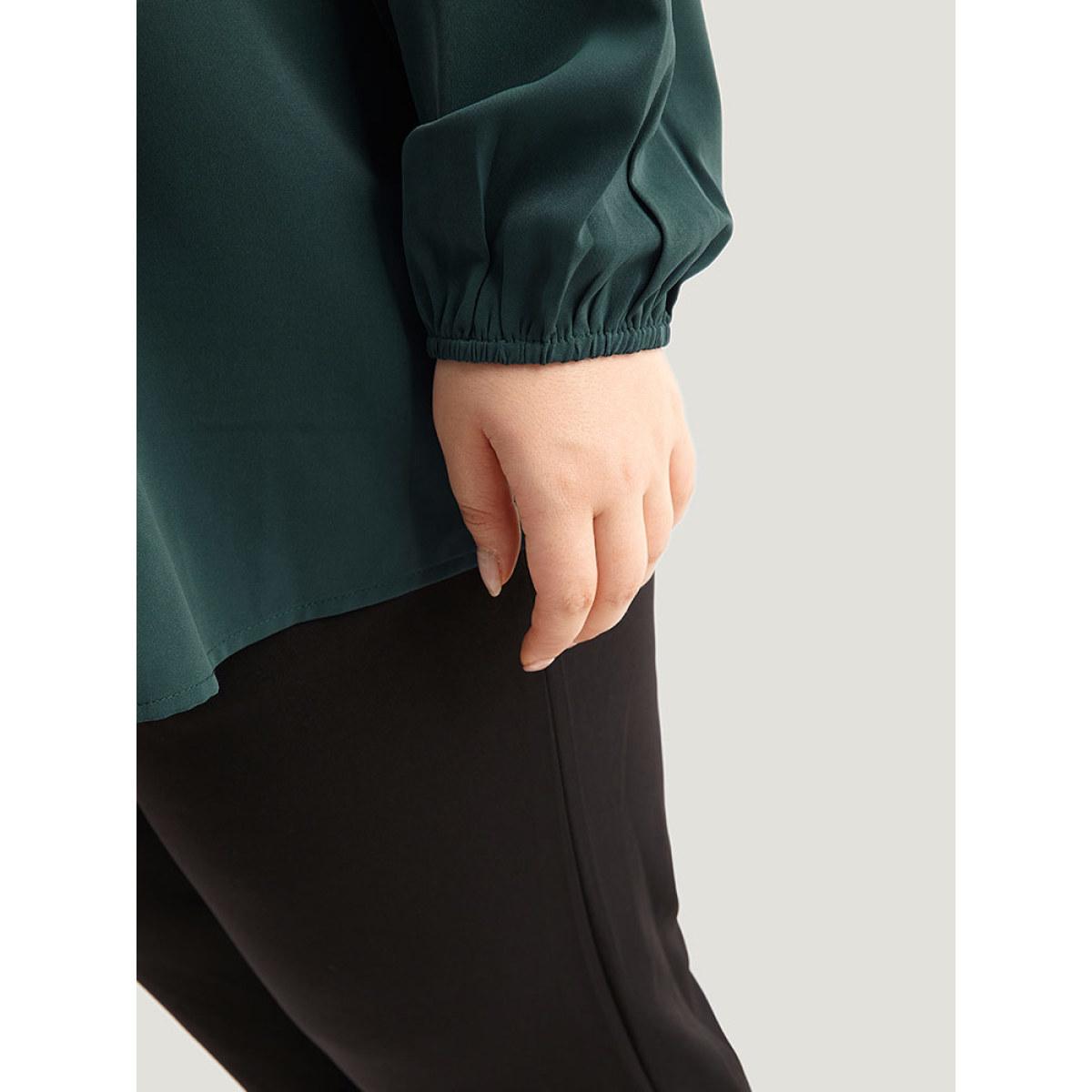 Plus Size Cyan Anti-Wrinkle Asymmetrical Button Gathered Blouse Women Office Long Sleeve Round Neck Work Blouses BloomChic 18-20/2X Product Image