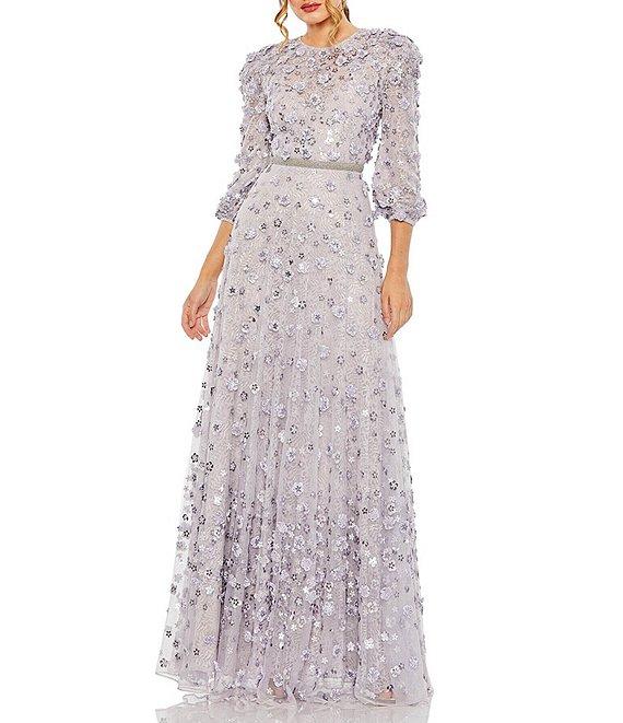 Mac Duggal Sequin Floral Applique Illusion Crew Neck 3/4 Sleeve Gown Product Image