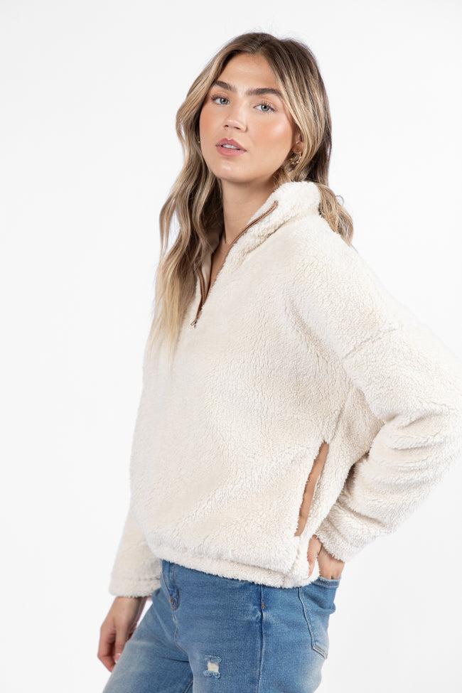 Stay Here Beige Contrast Trim Sherpa Pullover FINAL SALE Product Image