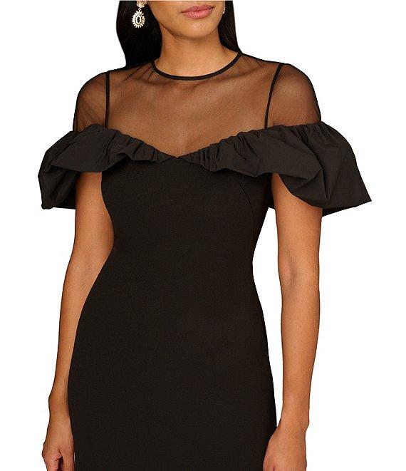 Aidan Mattox Bonded Crepe Illusion Mesh Off-the-Shoulder Flutter Sleeve Dress Product Image