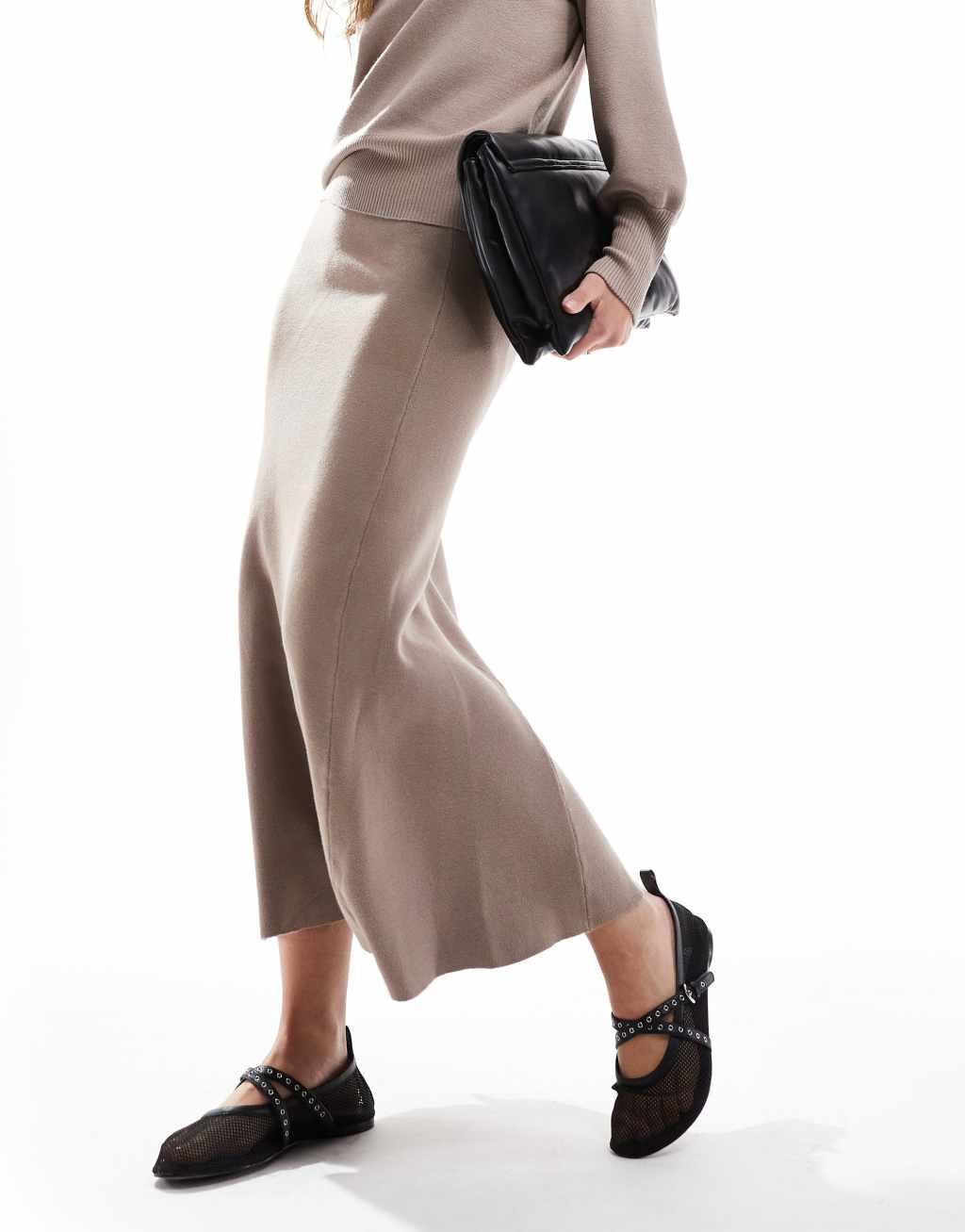 YAS knitted maxi skirt in mushroom - part of a set Product Image