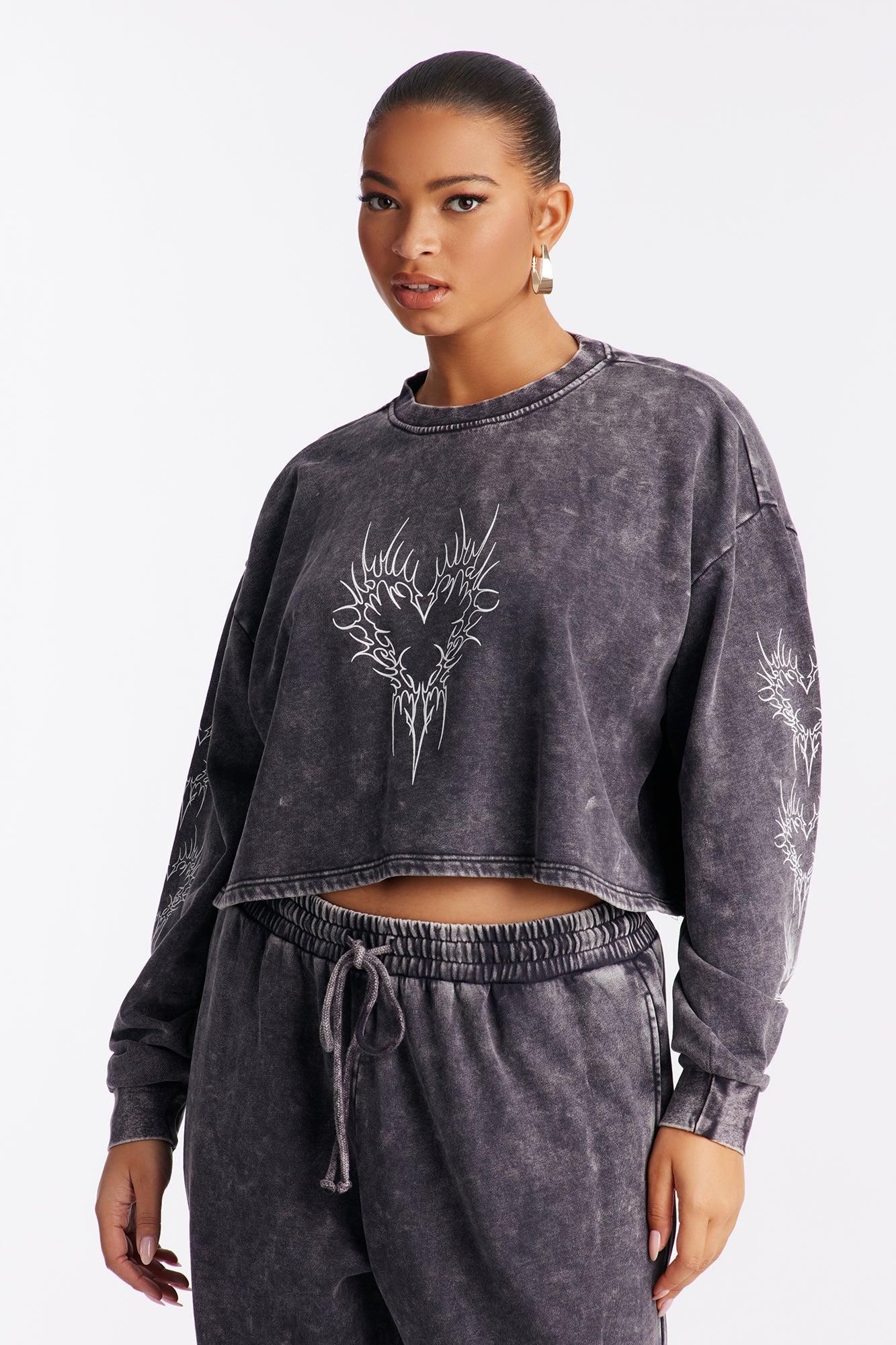 Heart Of Flames Washed Fleece Pant Set - Charcoal Female Product Image