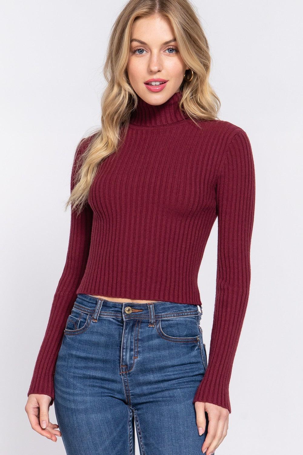 Long Sleeve Turtle Neck Fitted Crop Rib Sweater Product Image