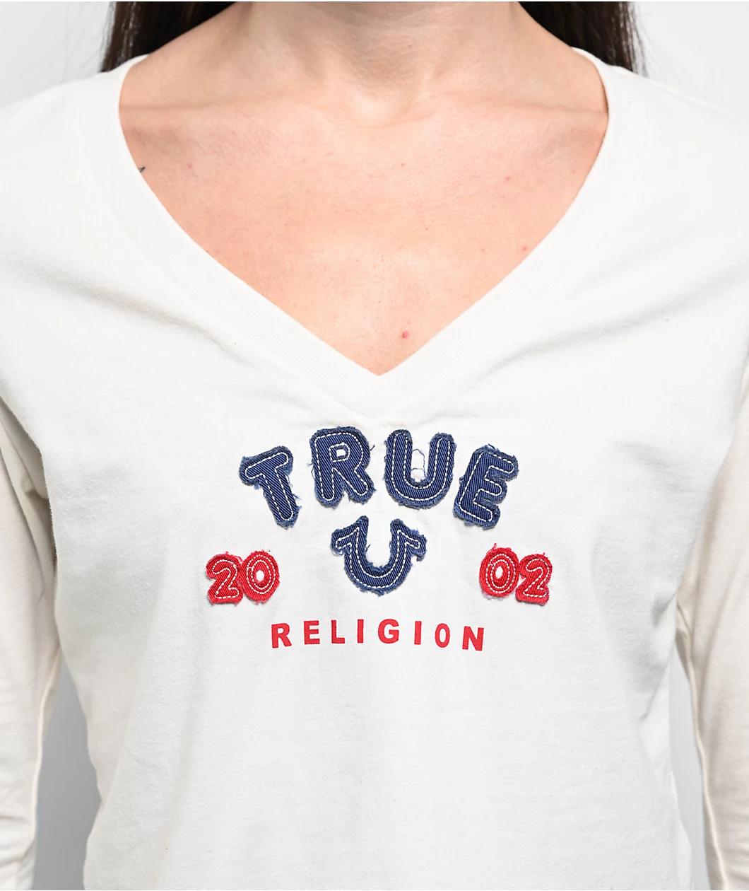 True Religion Applique Winter White Long Sleeve Crop T-Shirt Product Image