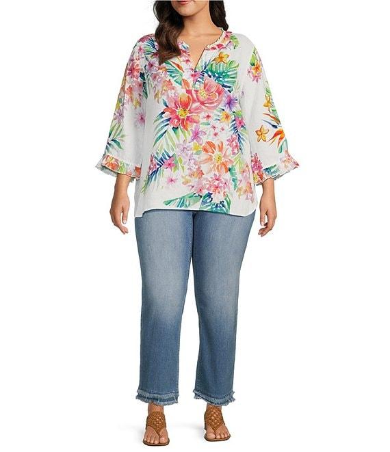 John Mark Plus Size Woven Linen Floral Ruffle Y-Neck 3/4 Sleeve Blouse Product Image