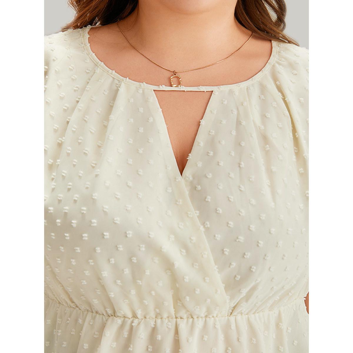 Plus Size Ivory Polka Dot Keyhole Mesh Gathered Flutter Sleeve Blouse Women Office Short sleeve V-neck Work Blouses BloomChic 22-24/3X Product Image