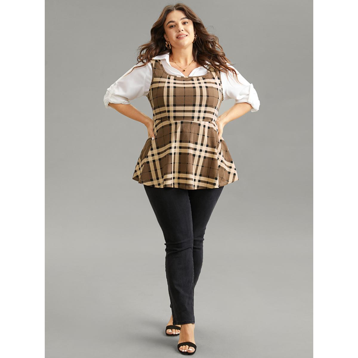 Plus Size Plaid Contrast Flutter Hem Tank Top Women LightBrown Casual Contrast Square Neck Dailywear Tank Tops Camis BloomChic 10/M Product Image