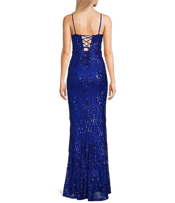 B. Darlin Spaghetti Strap Scoop Neck Back Lace Up Long Dress Product Image