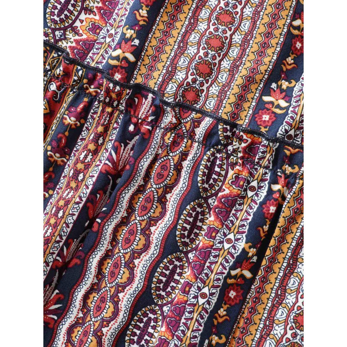 Plus Size Midnight Boho Stripes Tiered Ruffle Blouse Women Cap Sleeve Round Neck Vacation Blouses BloomChic 12/L Product Image