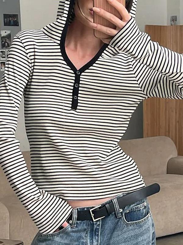 Hooded Striped Loose-Fitting Long-Sleeved Top Product Image