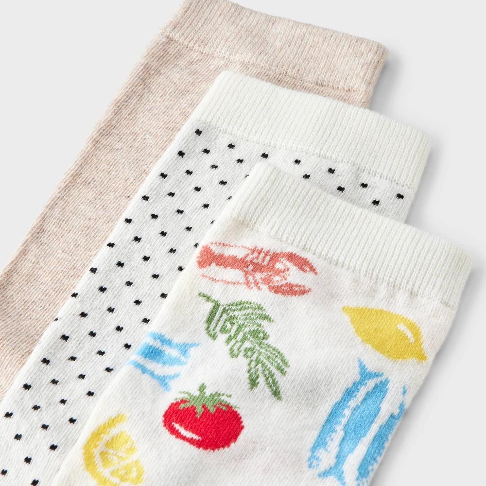 Women's Mediterranean Diet 3pk Crew Socks - A New Day™ Ivory/Red/Oatmeal Heather 4-10: Cotton Blend, Floral & Solid Patterns Product Image