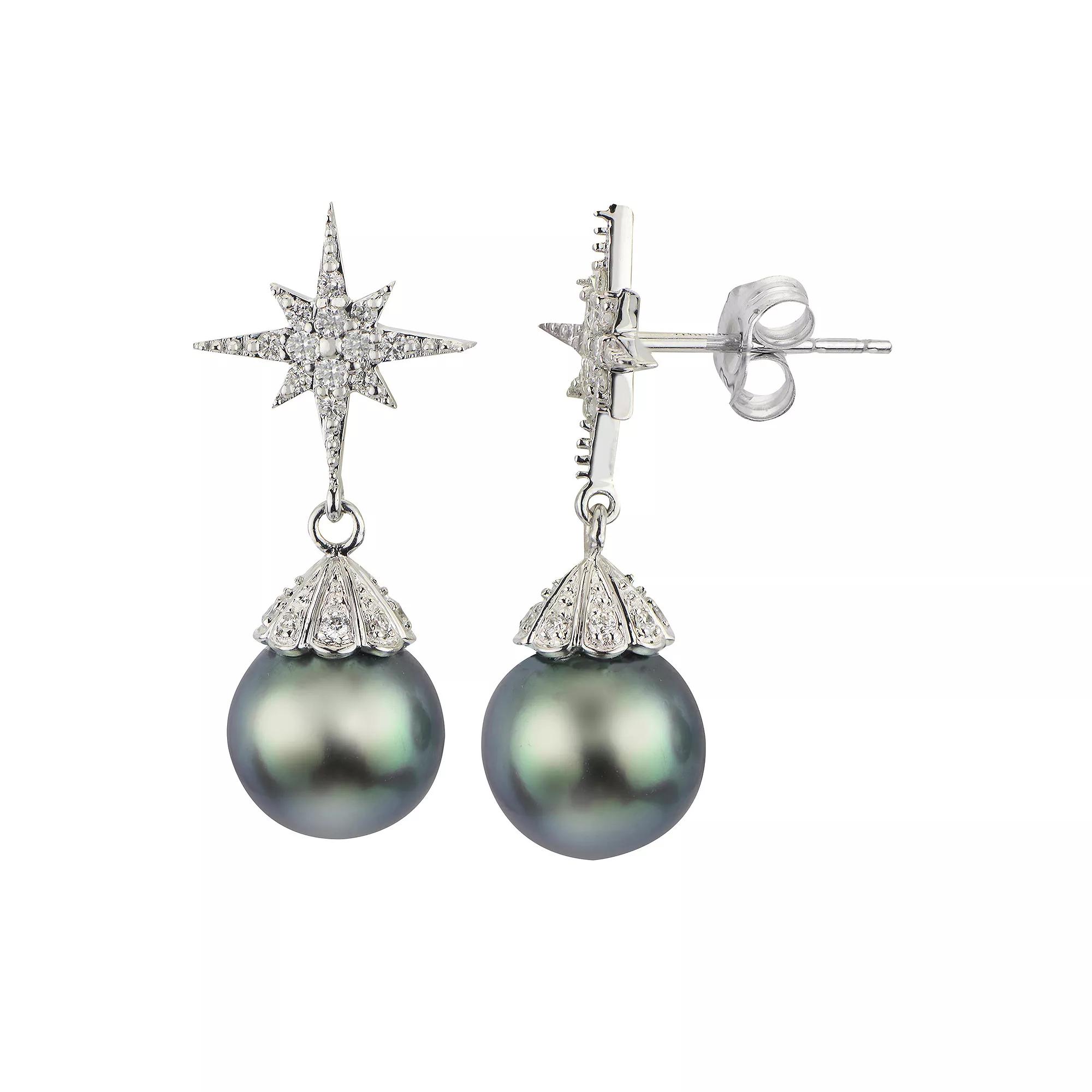 PearLustre by Imperial 14k White Gold Tahitian Cultured Pearl & 1/4 Carat T.W. Diamond Star Drop Earrings, Womens Product Image