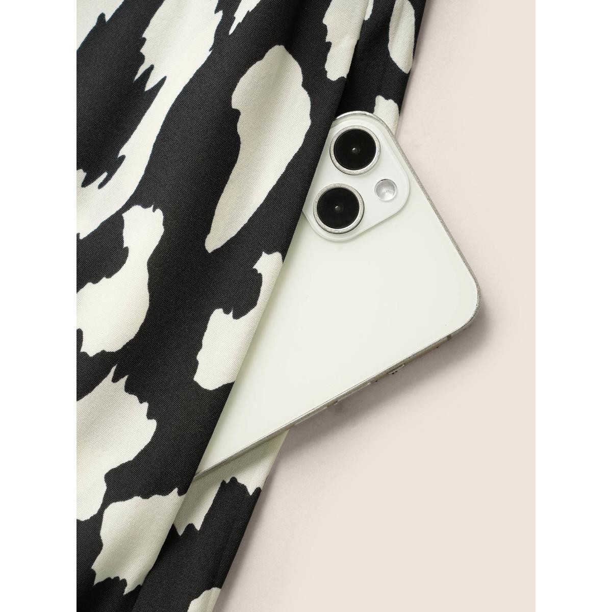 Plus Size Geometric Notched Belted Arc Hem Dress Black Women Work From Home Belted Flat collar with V-notch Half Sleeve Curvy BloomChic 10/M Product Image