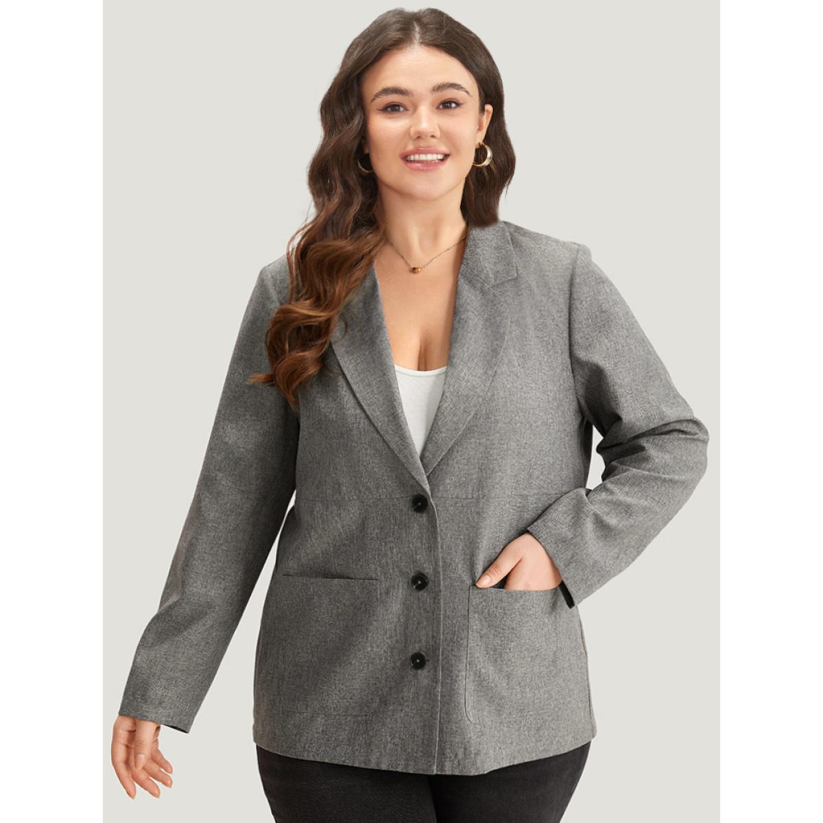 Plus Size Solid Suit Collar Patched Pocket Blazer DimGray Women Dailywear Plain Plain Sleeve Long Sleeve Suit Collar 18-20/2X Pocket Casual Blazers BloomChic Product Image