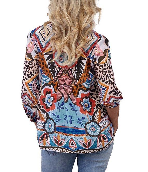 Karyn Seo Ziggy Floral Embroidered Notch V-Neck 3/4 Sleeve Blouse Product Image