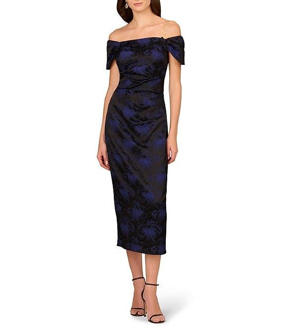 Aidan Mattox Woven Jacquard Off The Shoulder Neck Cap Sleeve Pleated Midi Sheath Dress Product Image