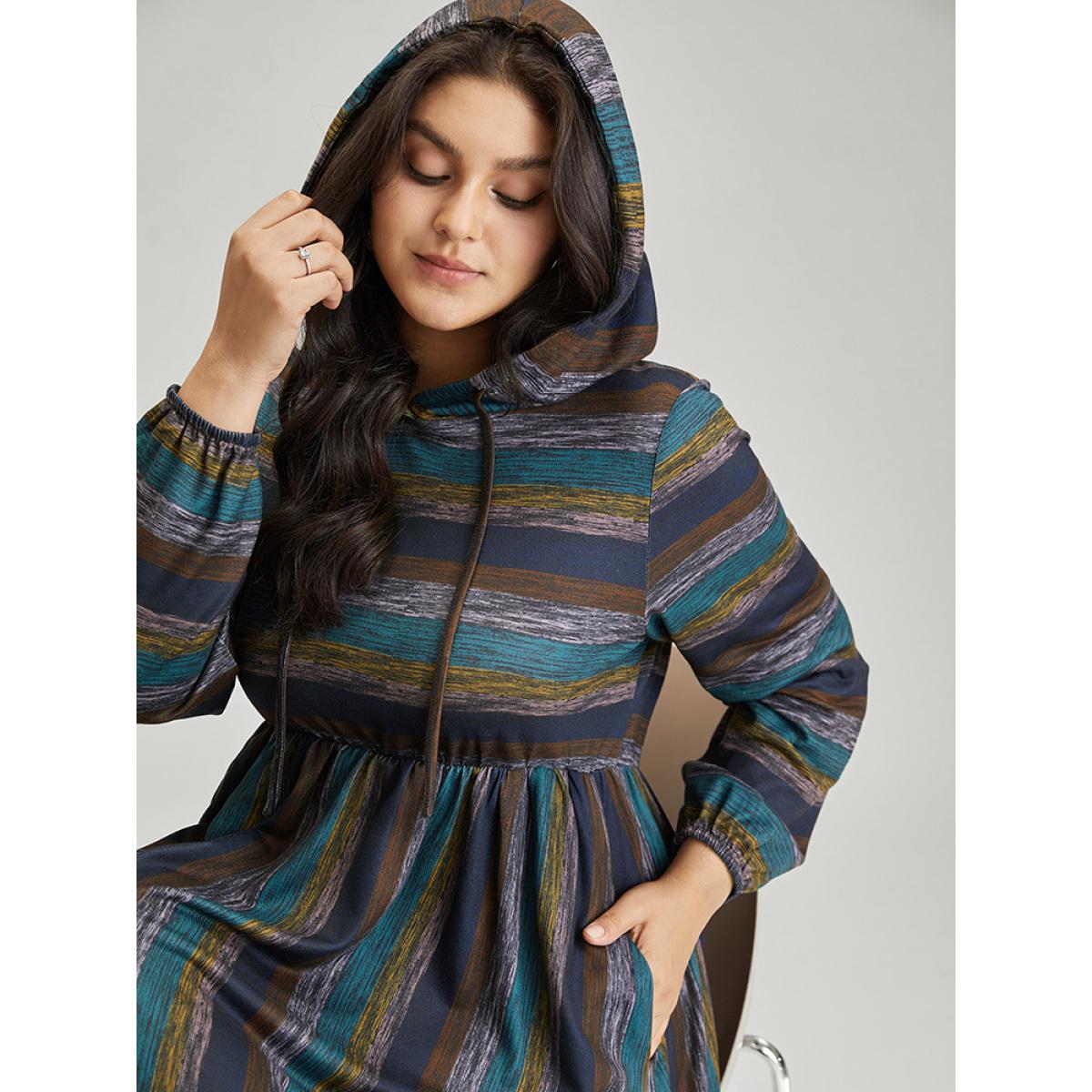 Plus Size Striped Contrast Ruffle Layered Hem Hooded Dress Multicolor Women Casual Elastic cuffs Hooded Long Sleeve Curvy Midi Dress BloomChic 28/5X Product Image