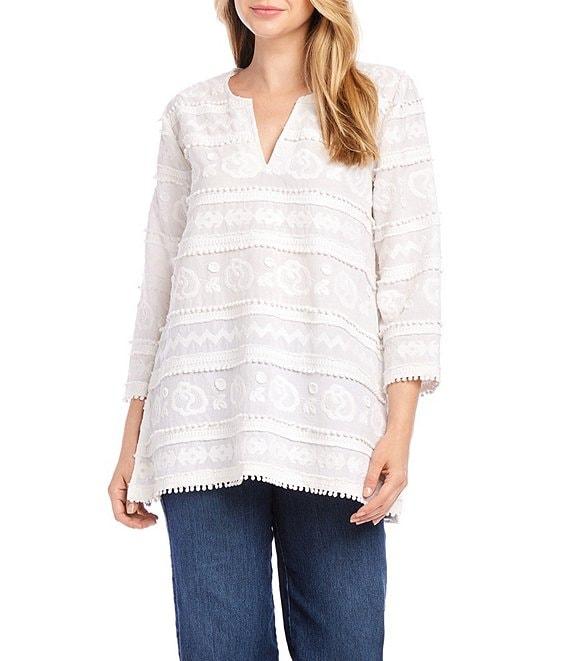 Karen Kane Embroidered Split Neck 3/4 Bell Sleeve Tassel Hem Tunic Product Image