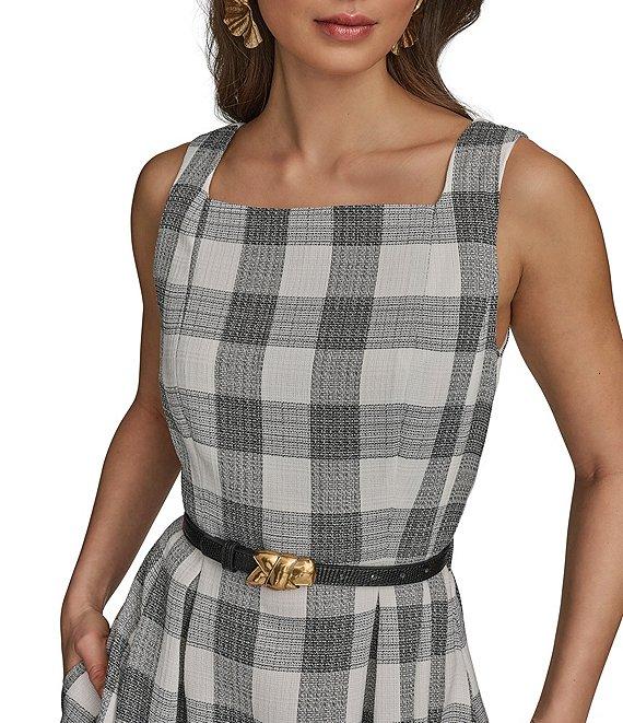 Donna Karan Gingham Tweed Square Neck A-Line Midi Dress Product Image