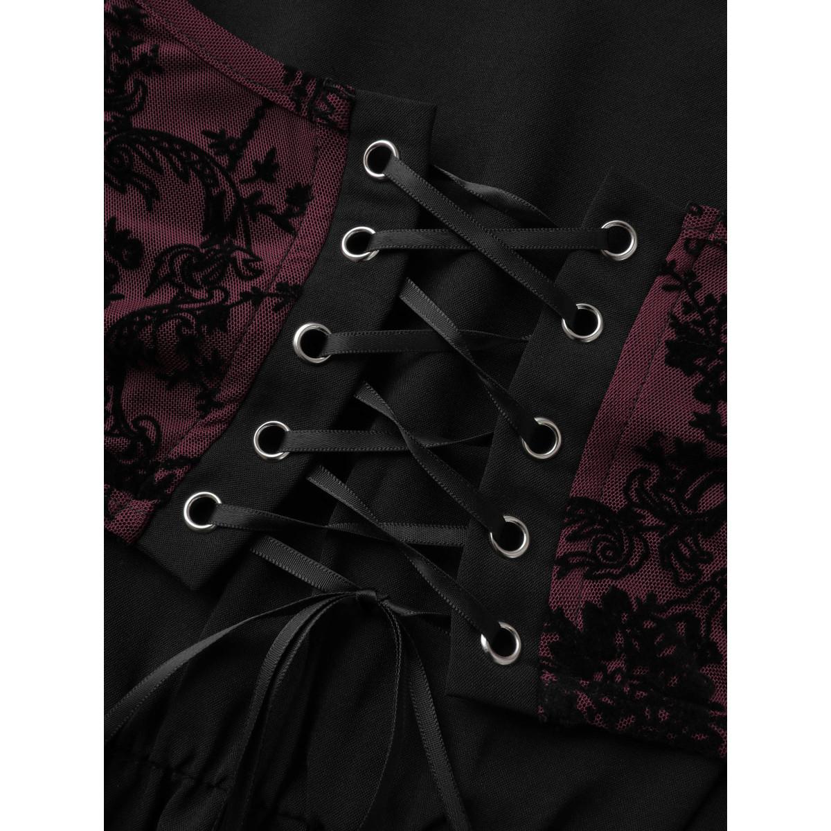 Plus Size Elastic Mesh Corset-Like Ties Midi Dress Burgundy Women Romantic Eyelet Square Neck Long Sleeve Curvy BloomChic 22-24/3X Product Image