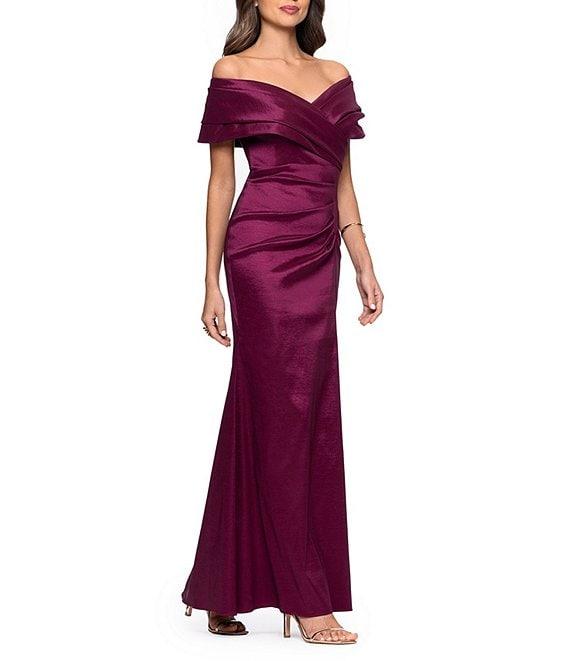 Betsy & Adam Off-the-Shoulder Stretch Taffeta Sheath Gown Product Image