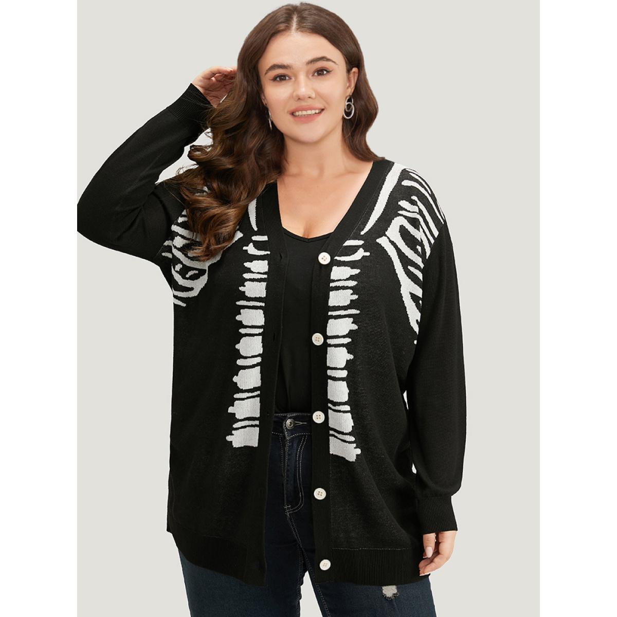 Plus Size Halloween Skull Print Slightly Stretchy Cardigan Black Women Casual Loose Long Sleeve Festival-Halloween Cardigans BloomChic 12/L Product Image