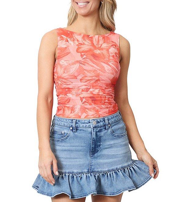 Stevie by Steve Madden Mesh Floral Print Boat Neck Ruched Tank Top Product Image