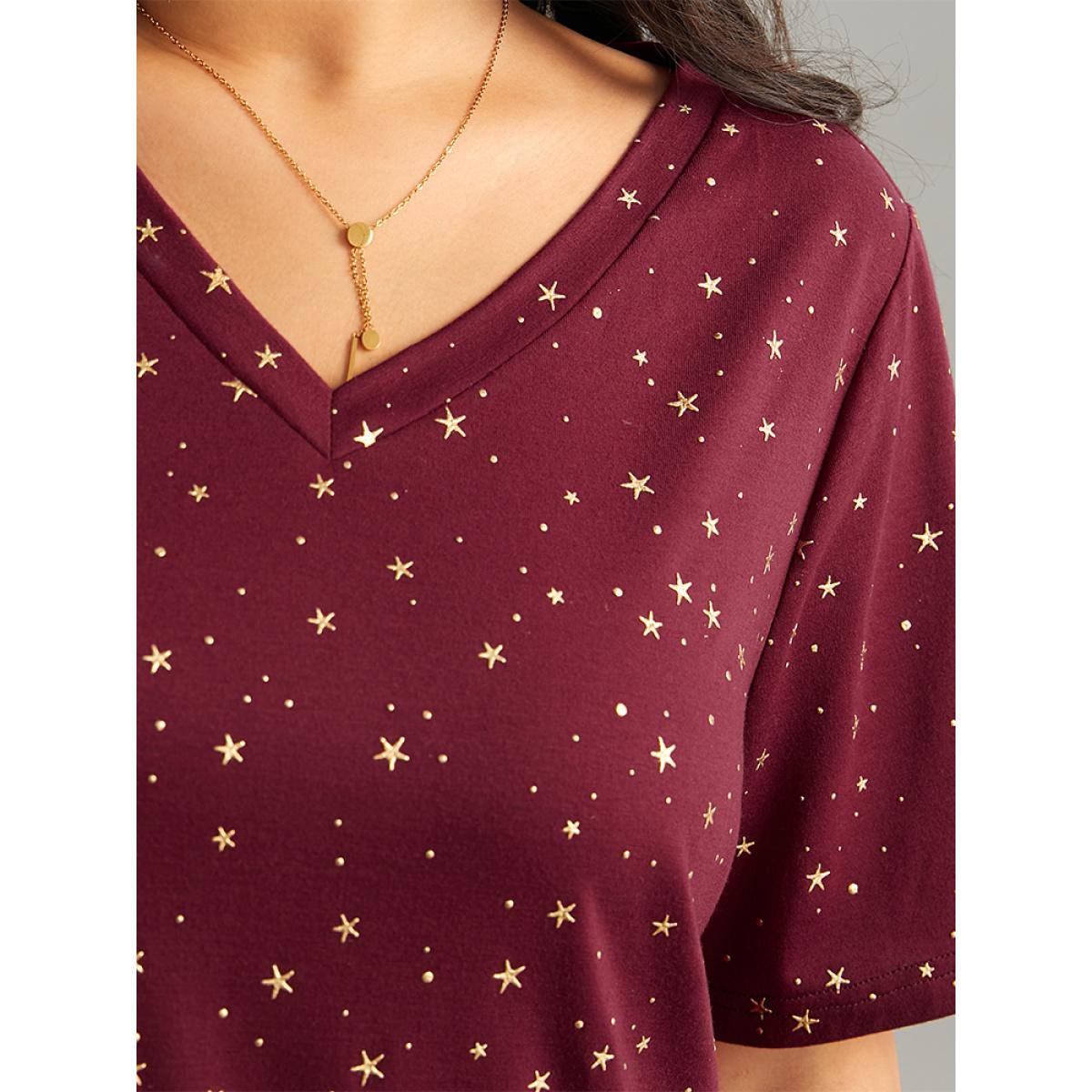 Plus Size Star Polka Dot V Neck T-shirt Burgundy Women Elegant Contrast Moon and Star V-neck Dailywear T-shirts BloomChic 22-24/3X Product Image