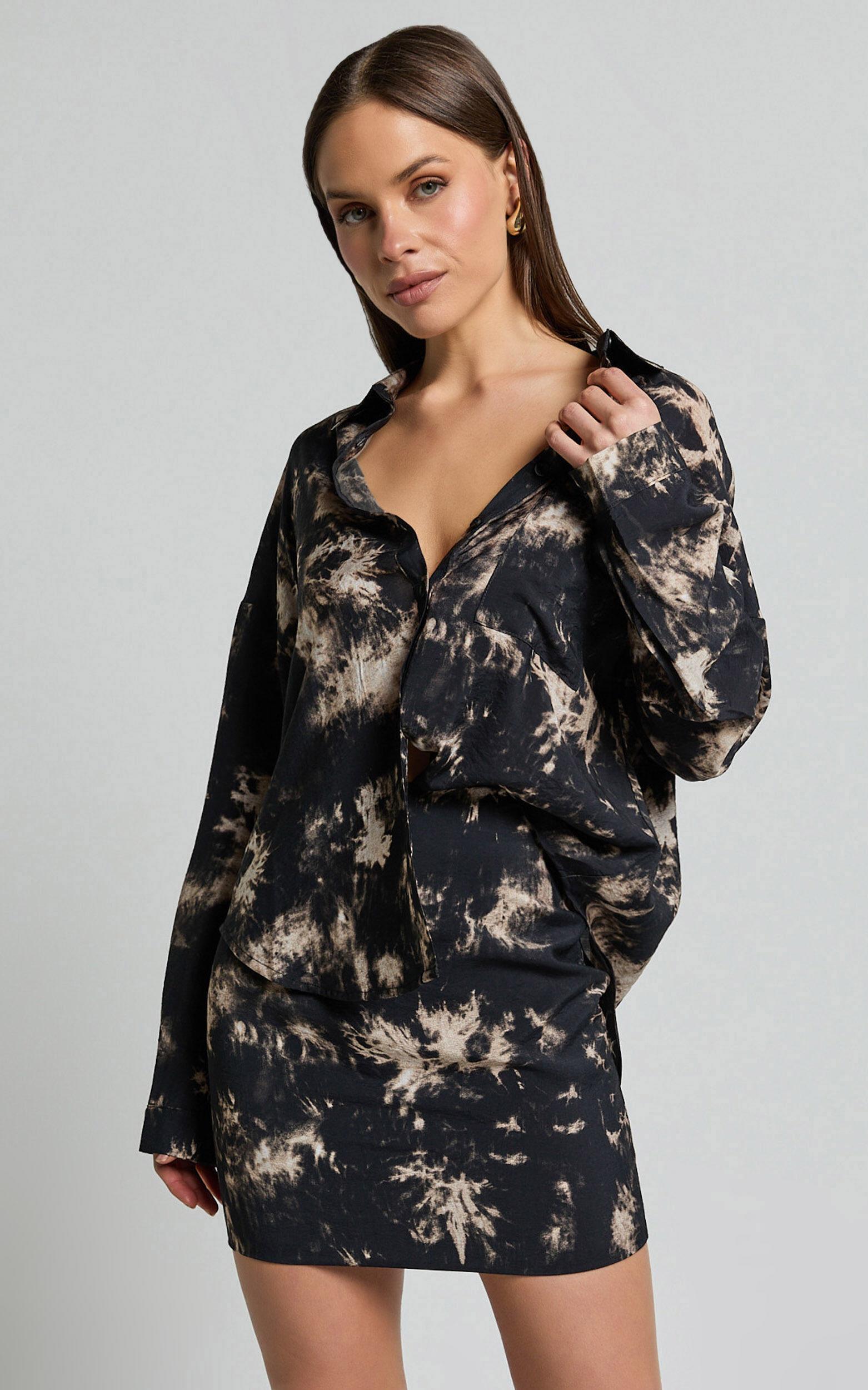 Romain Mini Skirt - High Waisted Printed Mini Skirt in Black Tie Dye Product Image