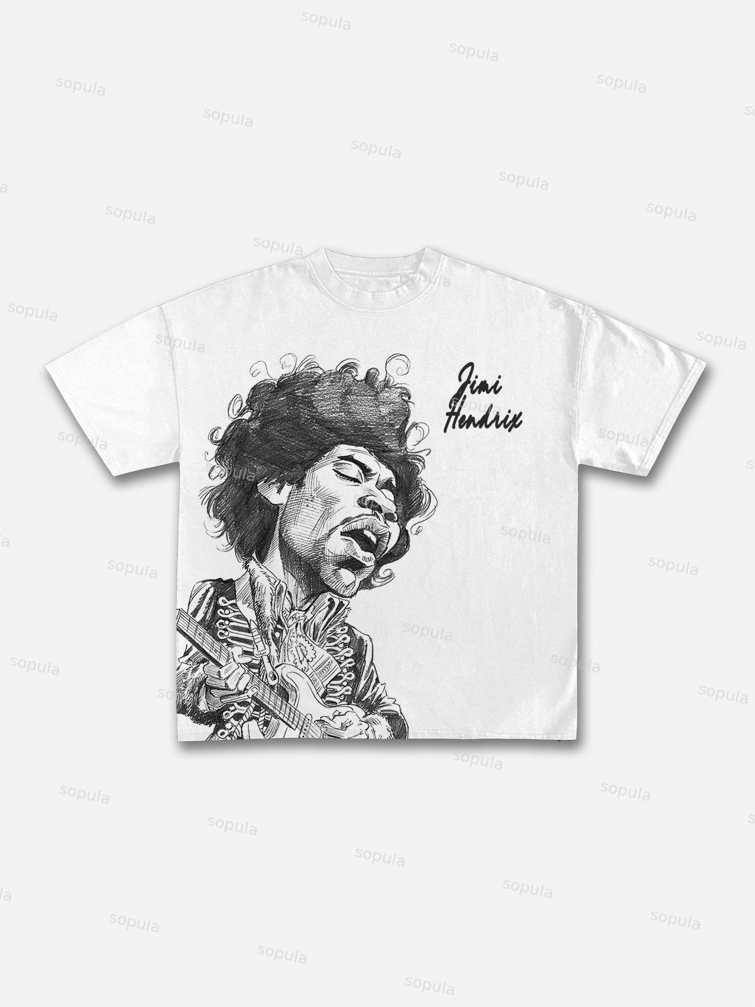 Jimi Hendrix Print Casual Cotton T-shirt Product Image