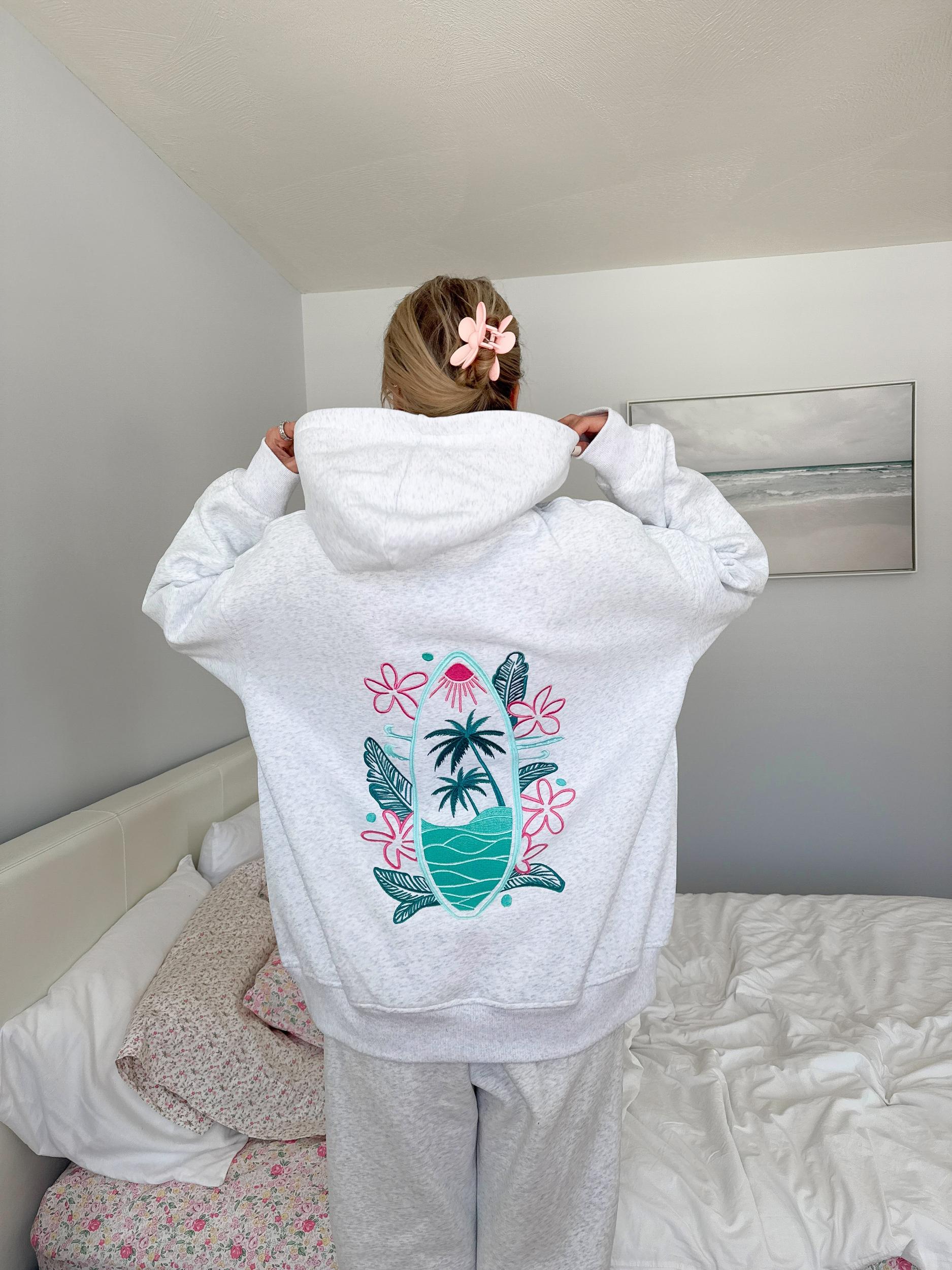 Pearl Grey Surfing The Waves Embroider Hoodie Product Image